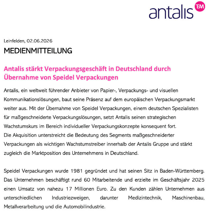 U·M·P AG Schweiz begleitet erfolgreich Verkauf der Speidel GmbH an Antalis / Kokusai Pulp @ Paper Group